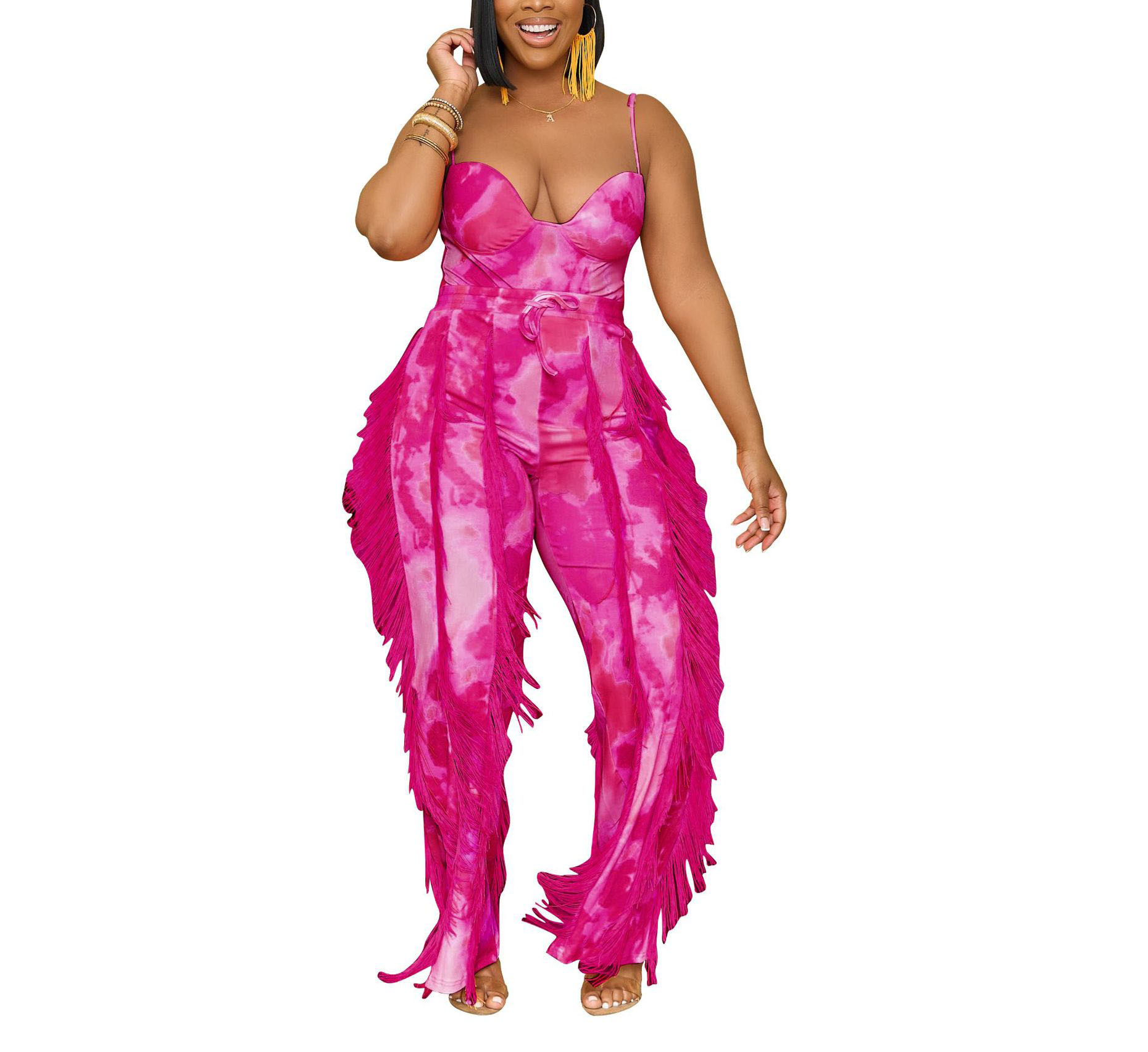 Printed Tassel Lace Sling Jumpsuit Two piece Set Rose Red - Shop at LoveMi