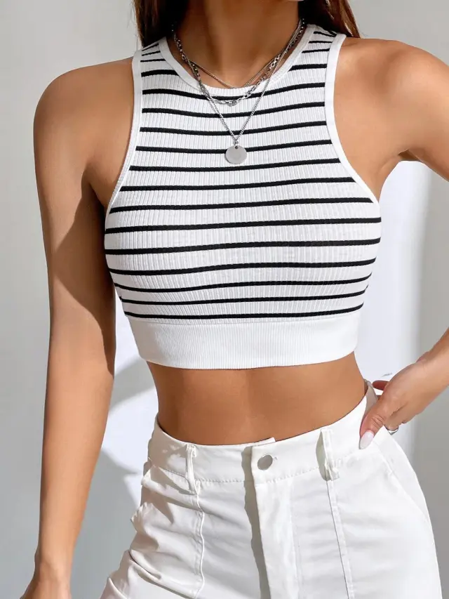 Black And White Striped Short Style Outer Wear Slim Sleeveless Vest White - Shop at LoveMi