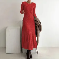 Slim-fit Round-neck Cable-knit Sweater Dress - Red - View 1