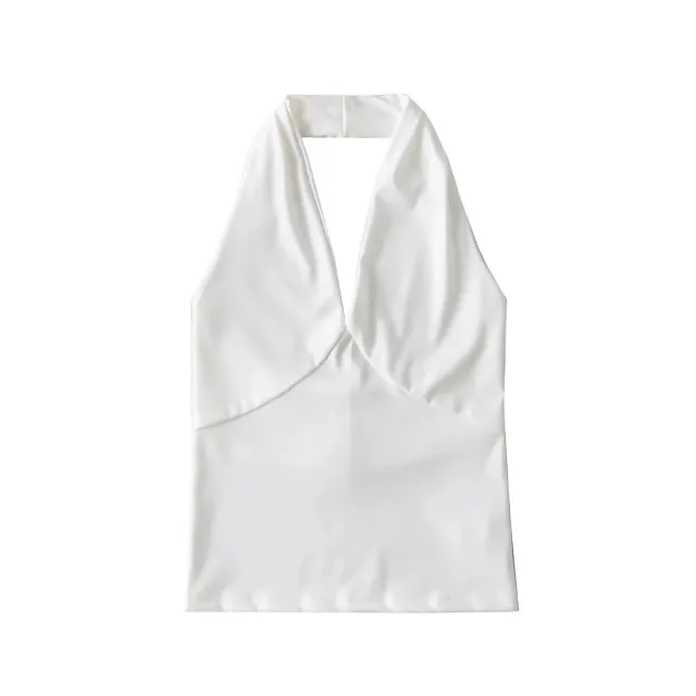 American style Deep V neck Halter Vest Women's Outer Wear Design Slim fit Short High Waist Top White - Shop at LoveMi
