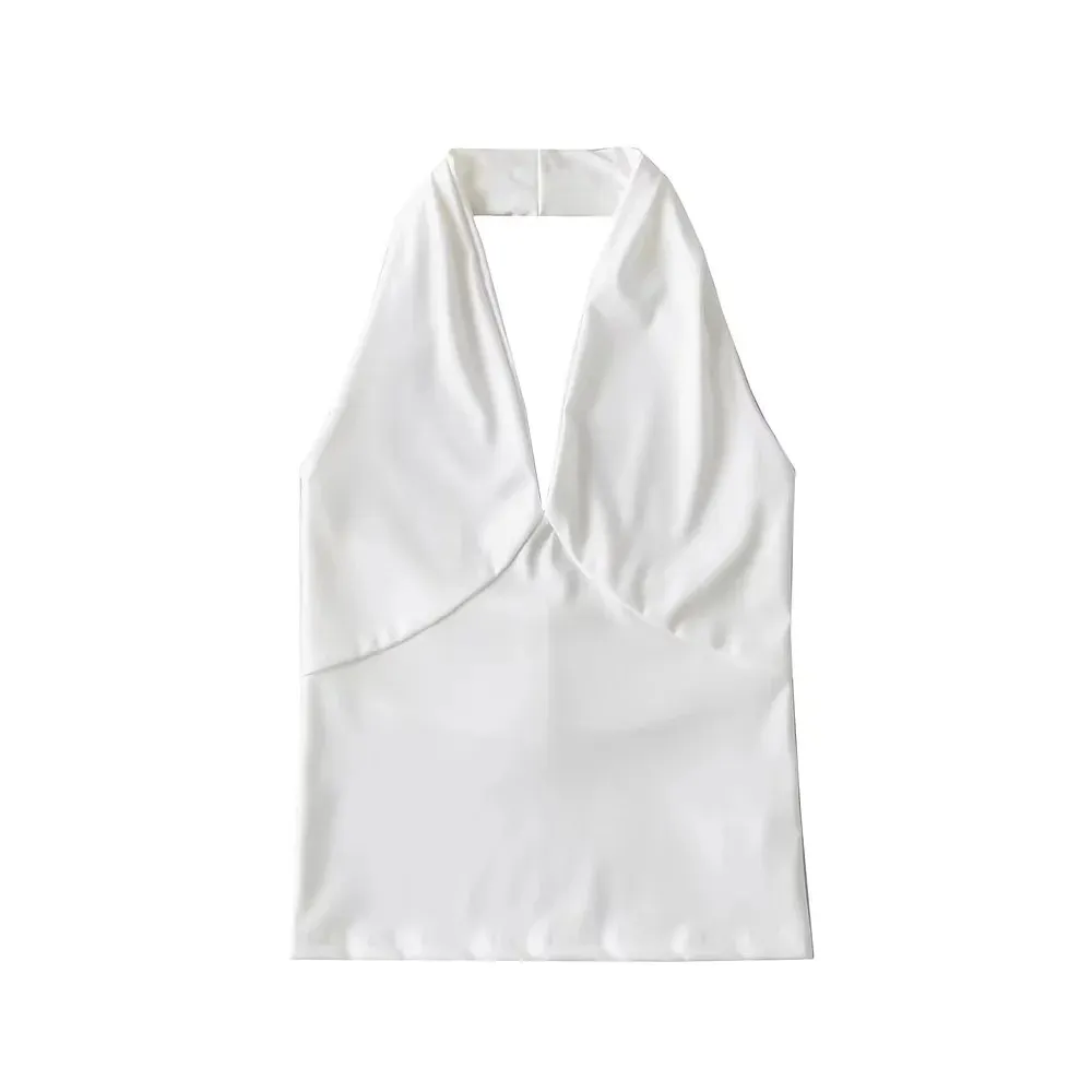 American-style Deep V-neck Halter Vest Women's Outer Wear Design Slim-fit Short High Waist Top - White