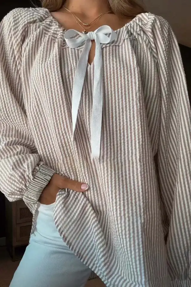 Women's Chiffon Shirt Striped Lace up Top Khaki - Shop at LoveMi