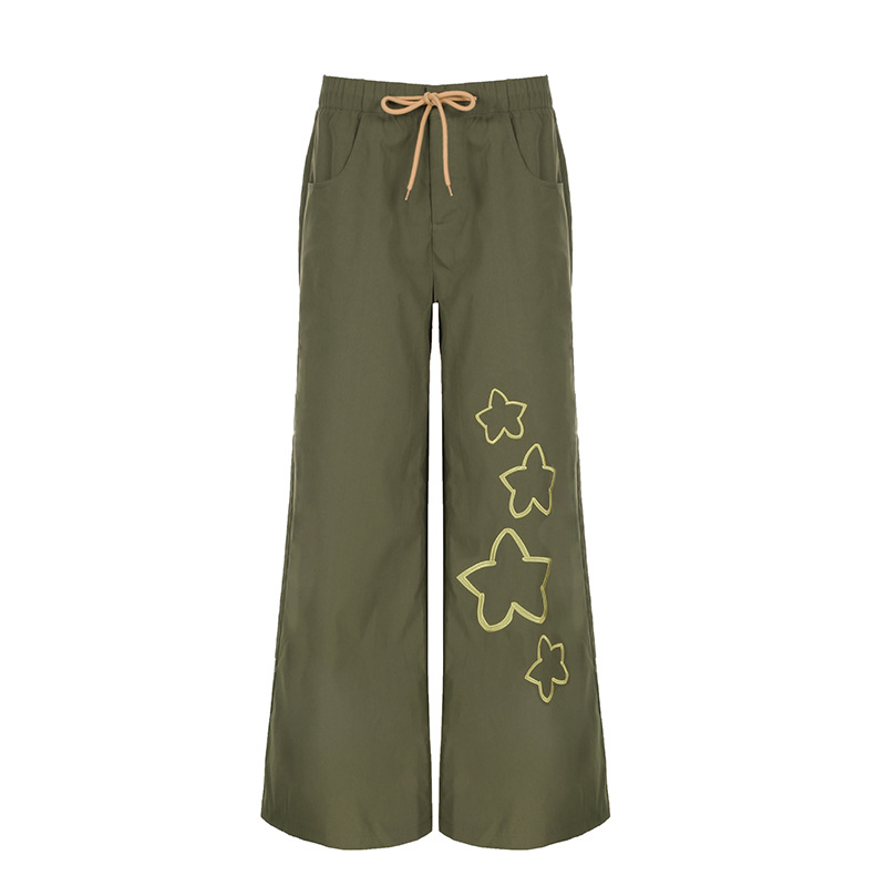 Fashion Pentagram Loose Drawstring Straight leg Pants Retro Army Green Dance Casual Pants Army Green - Shop at LoveMi