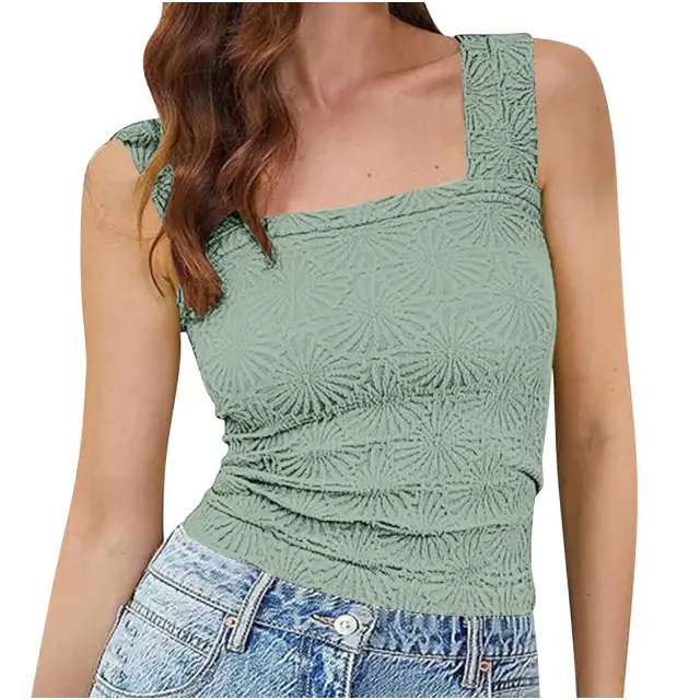 Women's High Elastic Tight Jacquard Square Collar Sleeveless Vest Top Green - Shop at LoveMi