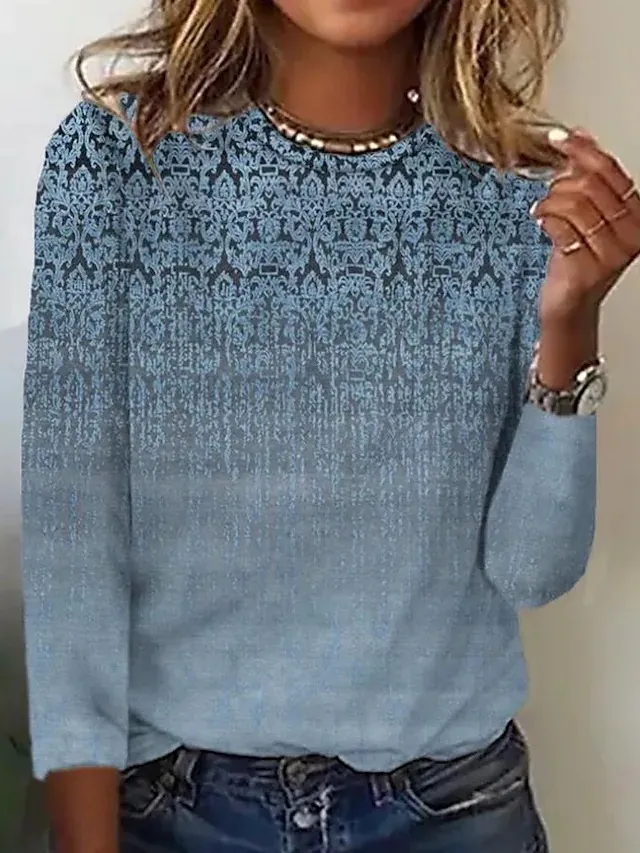 Women's Round Neck T shirt Casual Dotted Printed Long Sleeve Blue - Shop at LoveMi