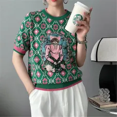 Ice Silk Embroidered Women's Cartoon Rabbit Age-reducing Soft And Adorable Short Sleeve - Dark Green - View 1