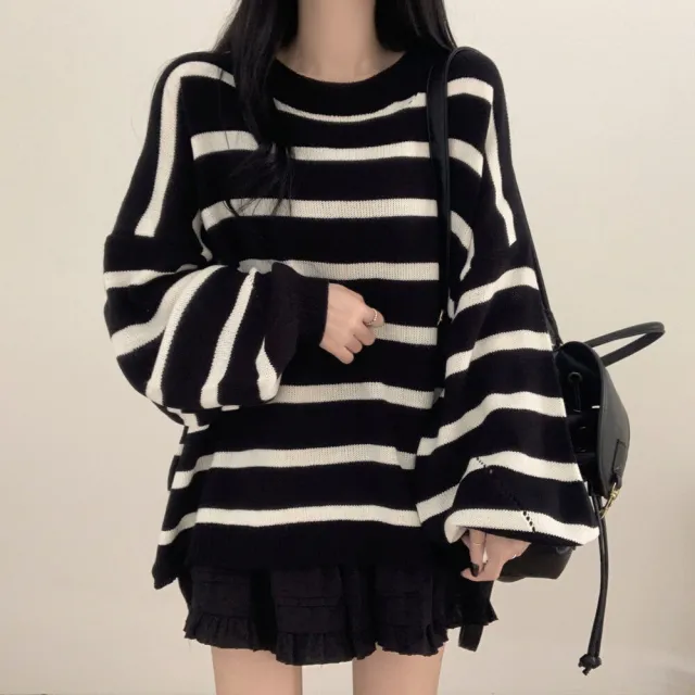 Sweater Idle Style Loose Striped Pullover Long Sleeve Sweater Black Stripes - Shop at LoveMi