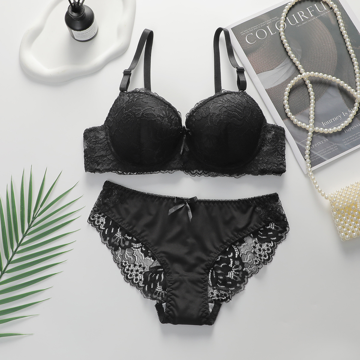 Sexy Gathered Steel Ring Lace Underwear Bra Set Black - Shop at LoveMi