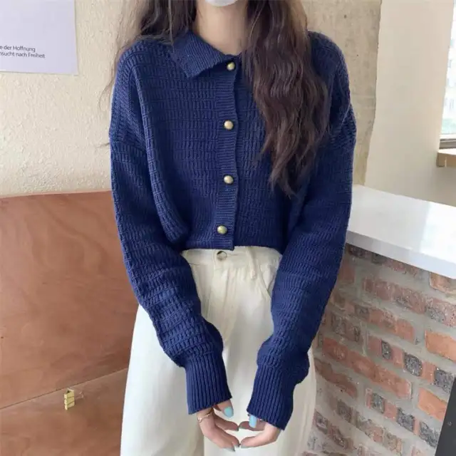 Retro Lapels Sweaters Cardigan Outerwear Top Blue - Shop at LoveMi