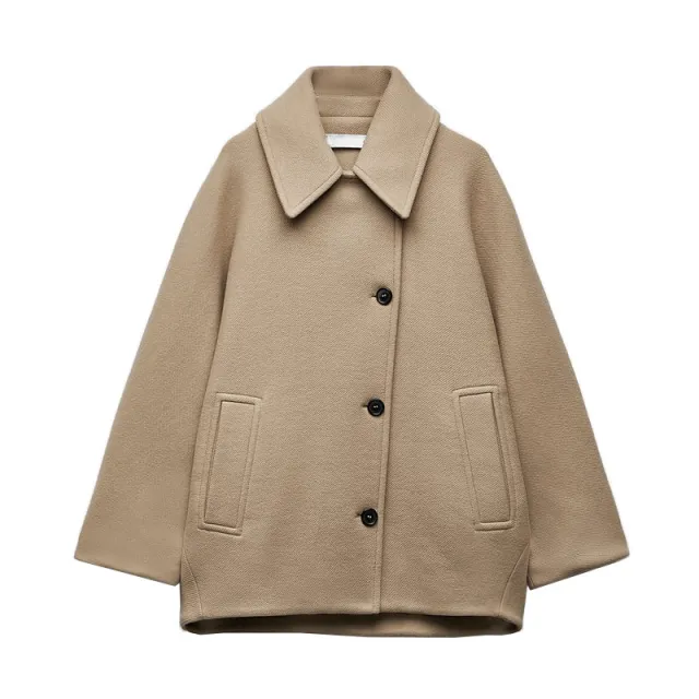 Autumn And Winter New Women's Lapel Oblique Breasted Warm Wool Blend Loose Short Coat Tan - Shop at LoveMi