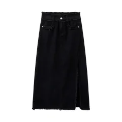 Slit Burrs Denim Skirt For Women - Black - View 1
