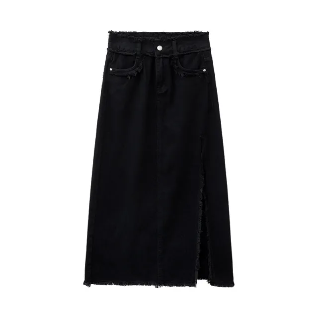 Slit Burrs Denim Skirt For Women Black - Shop at LoveMi