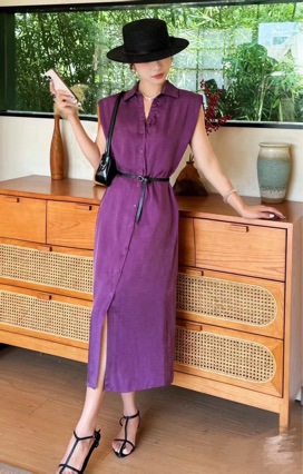 Simple Lace Neckline Waist-tight Linen Sleeveless Dress