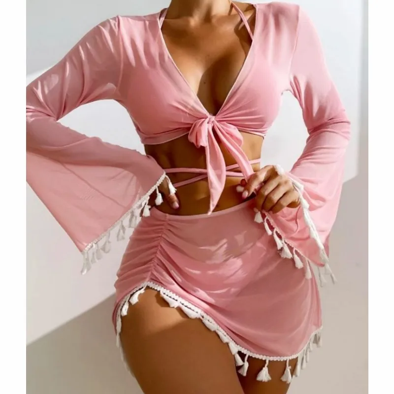 New European And American Conservative Four-piece Solid Colour Tassel Blouse Mesh Skirt Bikini Swimsuit For Women - Pink