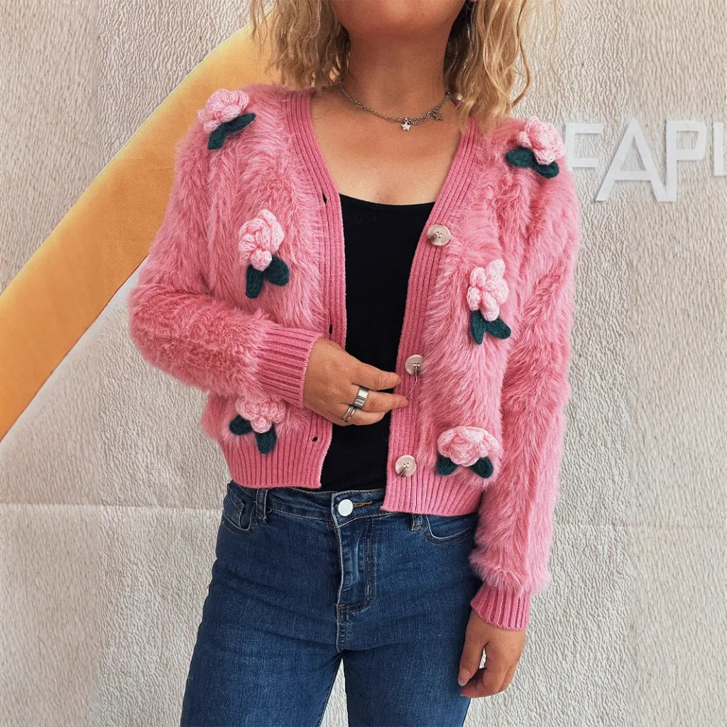 Stitching Three-dimensional Flower Fashion Short Knitted Sweater - Pink