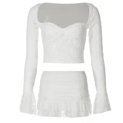 Sexy Low Cut Bell Sleeve Lace Midriff-baring Top Pleated Skirt Two-piece Set - White - View 1