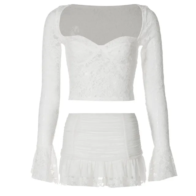 Sexy Low Cut Bell Sleeve Lace Midriff baring Top Pleated Skirt Two piece Set White - Shop at LoveMi