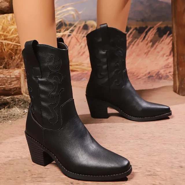 British Style Chunky Heel Mid calf Pointed Toe Plus Size Ankle Boots Black - Shop at LoveMi