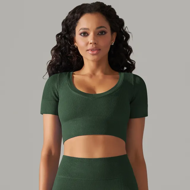 Seamless Rib Solid Color Sexy Beauty Back Yoga Clothes Sports Running Fitness Dark Green - Shop at LoveMi