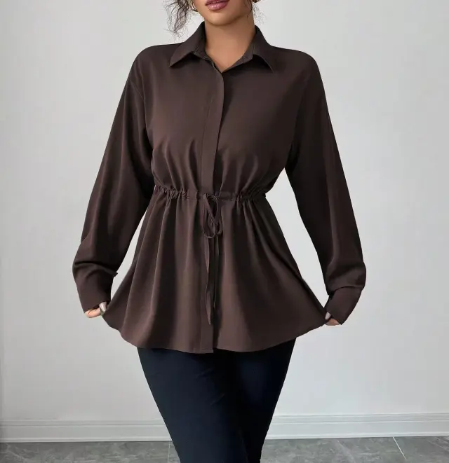Solid Color Casual Women's Long sleeved Shirt Reddish Brown - Shop at LoveMi