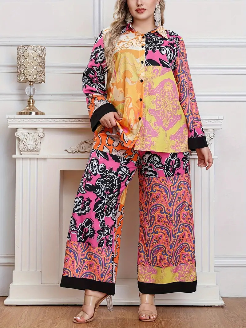 Ethnic Geometric Long Sleeve Shirt Trousers Suit