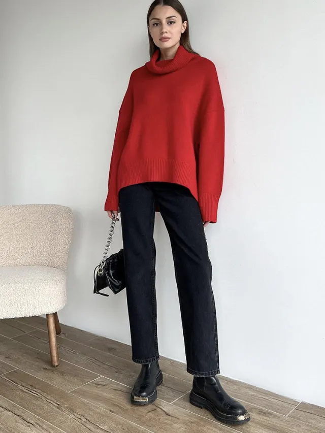 Women's Multi color Turtleneck Solid Color Sweater Loose Pullover Stand Collar Red - Shop at LoveMi