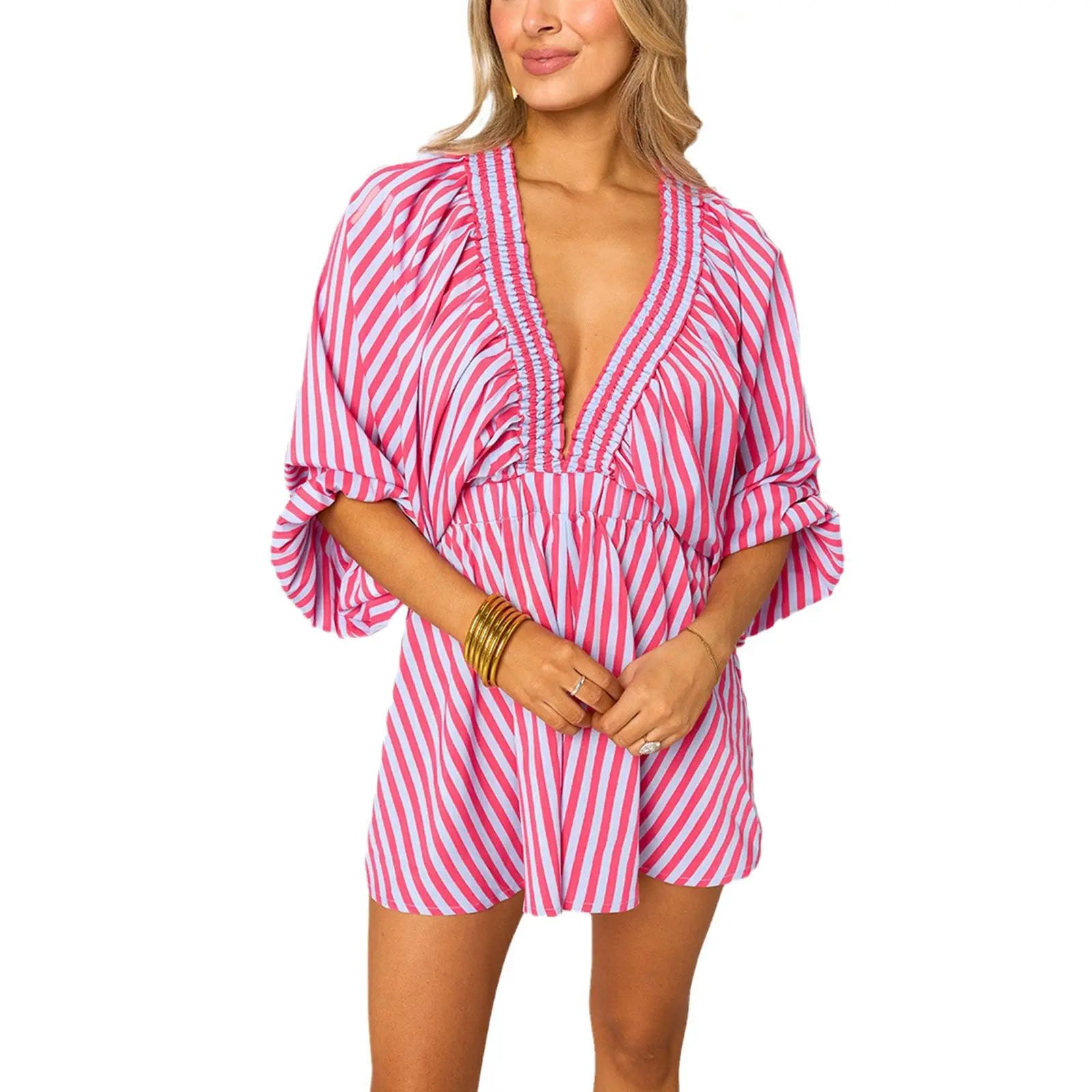 Shirt Slimming Casual Loose Deep V Wide Leg Short Jumpsuit