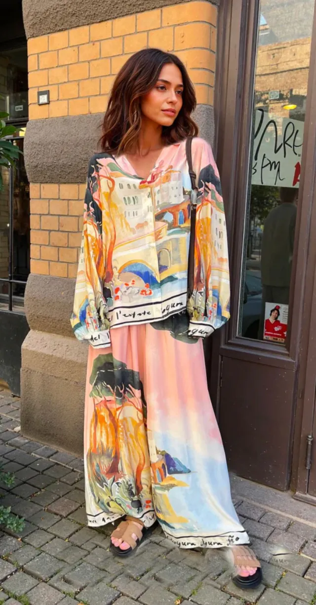 Women's French Printed Shirt Suit Pink Suit - Shop at LoveMi