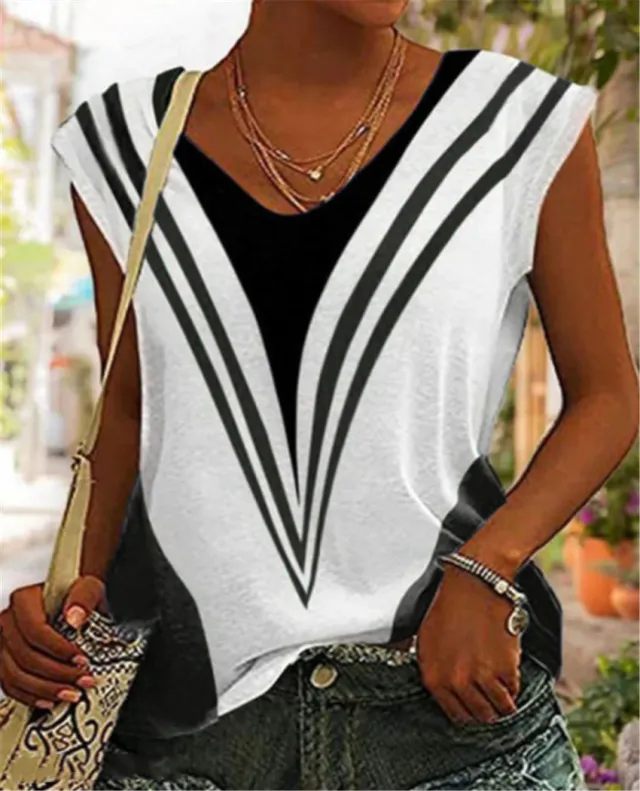 V neck Casual Loose Striped Printed Short Sleeve T shirt Black - Shop at LoveMi