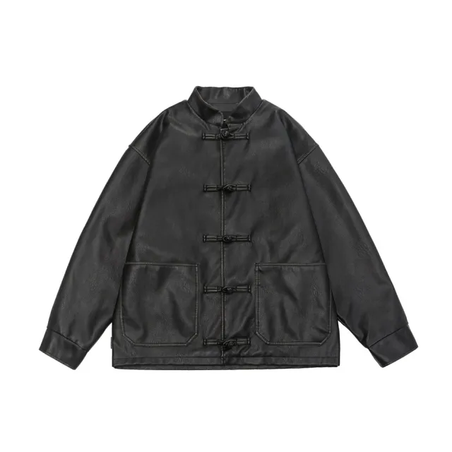 Retro Loose PU Leather Jacket With Small Stand Collar Black - Shop at LoveMi