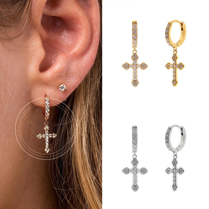 Silver Needle Geometric Cross Ear Clip Diamond-embedded Hipster