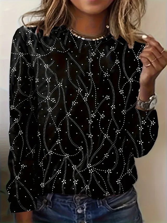 Long Sleeve Digital Printing Leisure Pullover Black - Shop at LoveMi