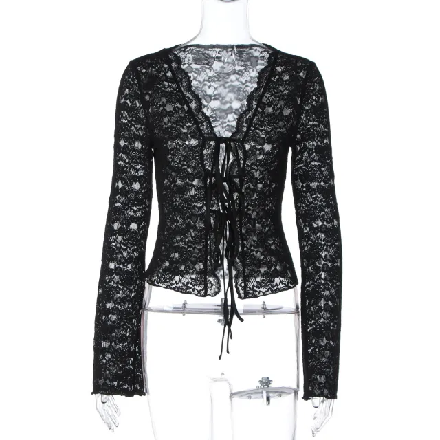 Fashion Sexy See through Hollow Cardigan Lace up Long Sleeve T shirt Black - Shop at LoveMi
