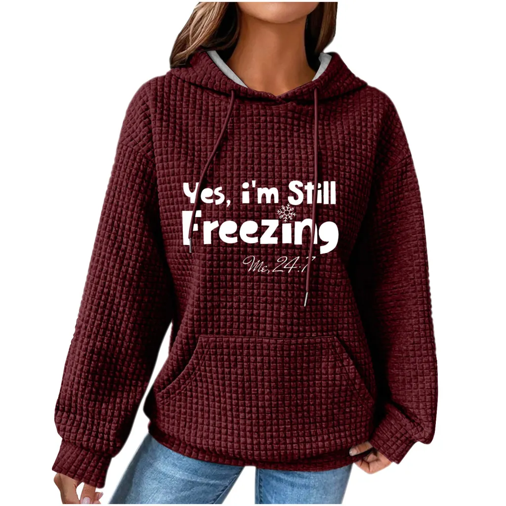 Women's Hooded Long-sleeved Patchwork Waffle Sweater - Red
