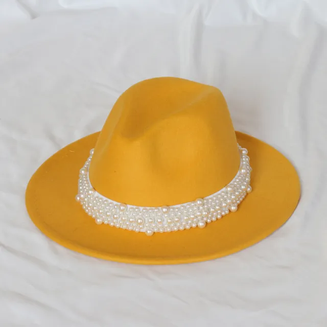 Handmade Pearl Top Hat Big Brim Fur Felt Hat Yellow - Shop at LoveMi
