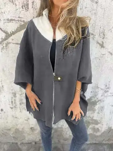 Autumn And Winter Leisure Loose Zip Stand up Collar Jacket Tan - Shop at LoveMi
