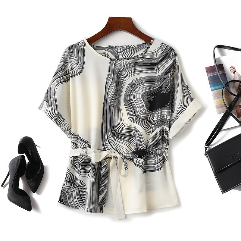 Retro Abstract Print Waist Trimming Loose Women's Short-sleeved Chiffon Shirt