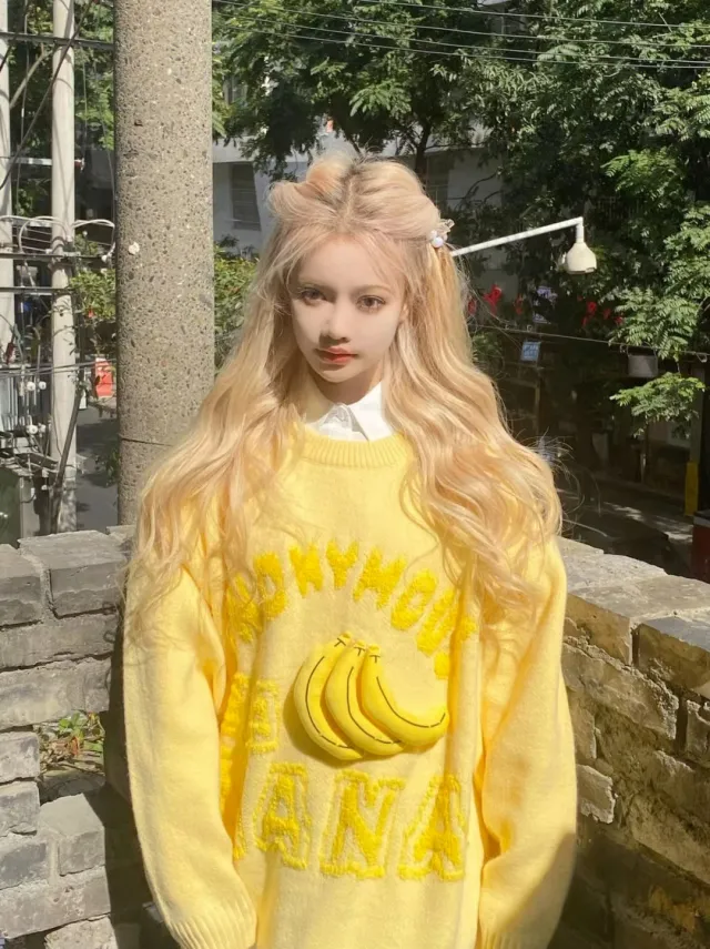 Banana Sweater Round Neck Loose Yellow - Shop at LoveMi