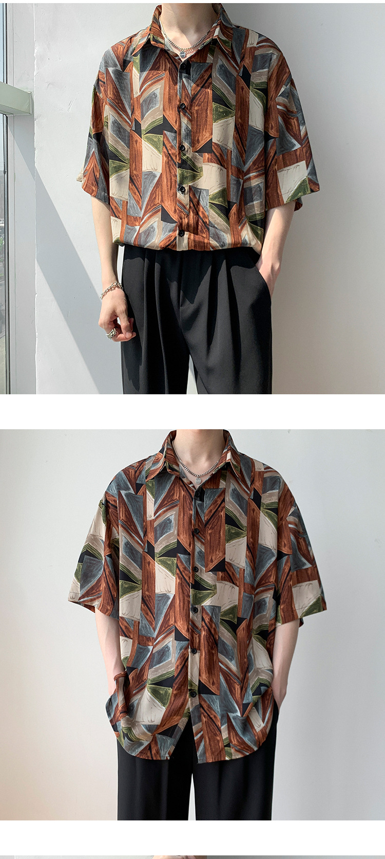 Title 5, Mens Retro Chiffon Geometric Floral Short Slee...