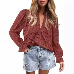 Women's Autumn Top Fashion Horn Long Sleeve Casual - Wine - View 1