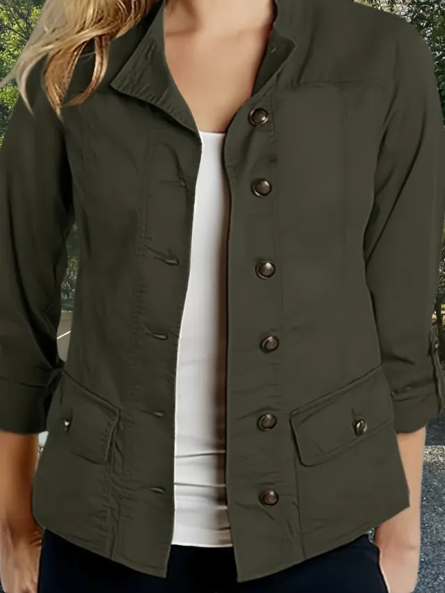 Fashion Solid Color Roll up Sleeve Single breasted Casual Jacket Green - Shop at LoveMi
