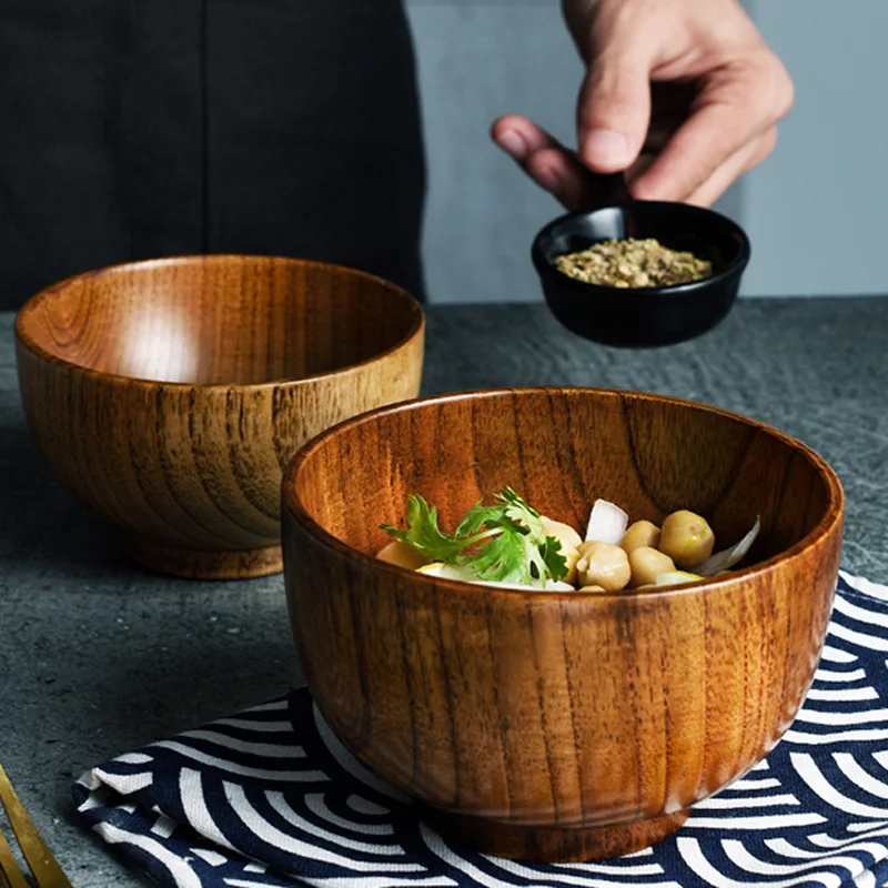 Japanese Style Wooden Bowl 3 Sizes Soup Salad Rice Bowl Food Container Dining Serving Bowl Wooden Kitchen Utensils Kids Tableware (6)