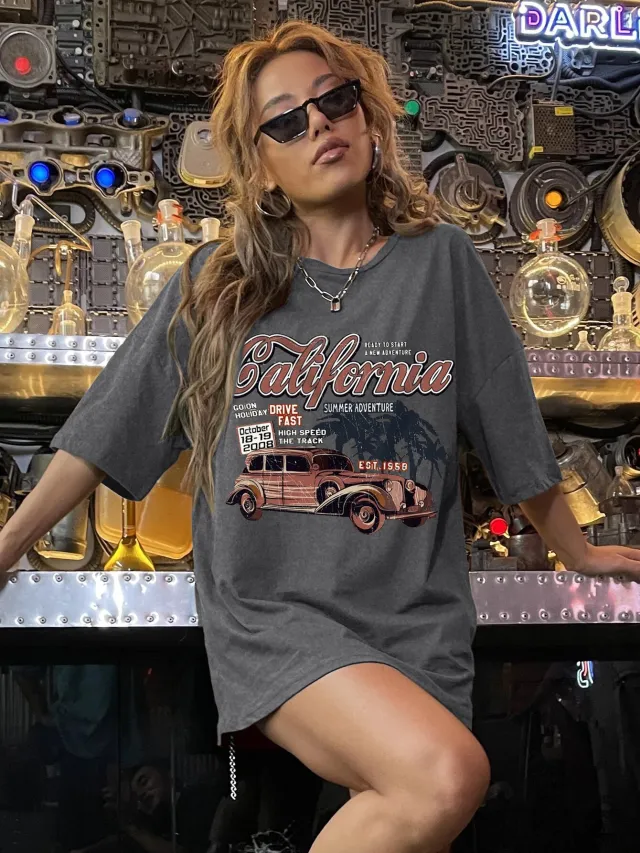 Printed T shirt Simple Round Neck Short Sleeve Ladies Gray - Shop at LoveMi