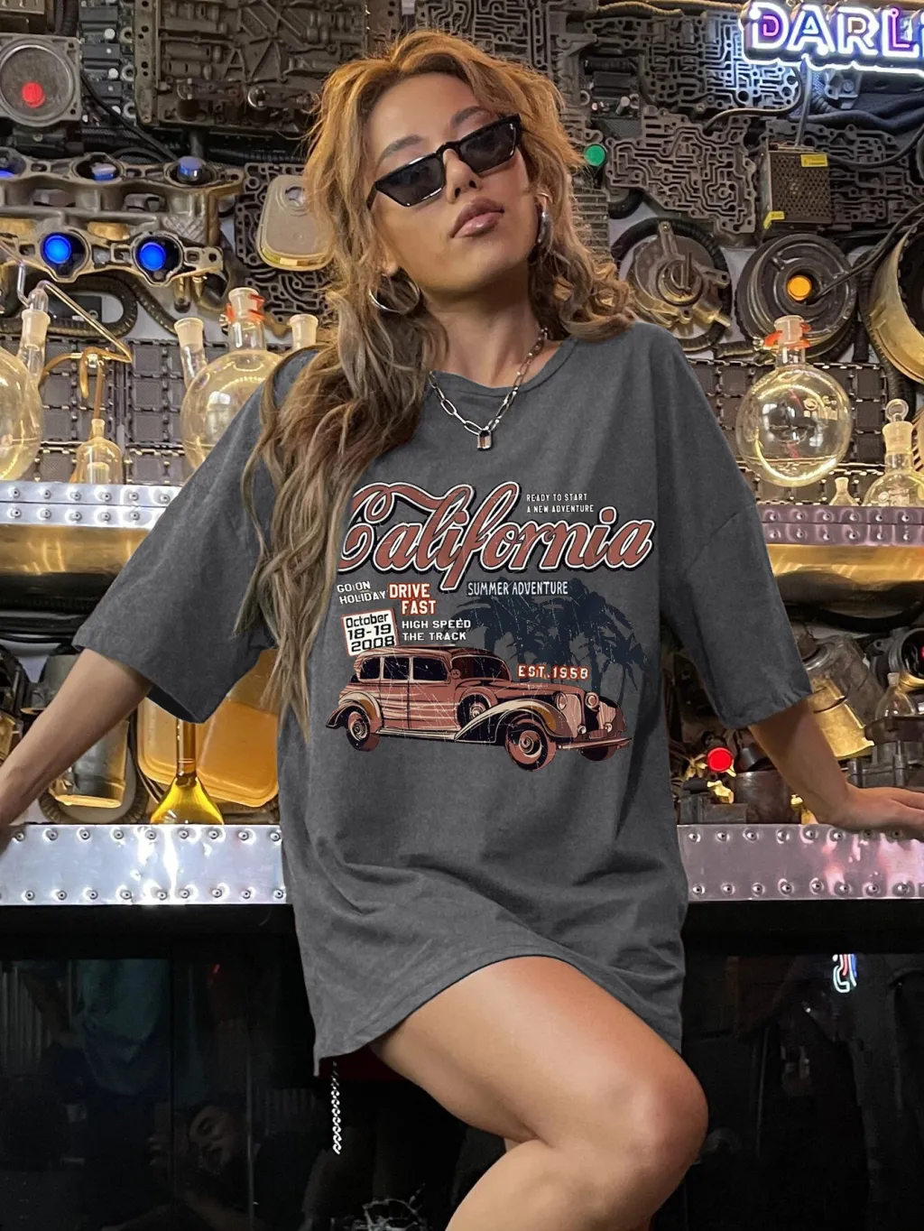 Printed T-shirt Simple Round Neck Short Sleeve Ladies - Gray
