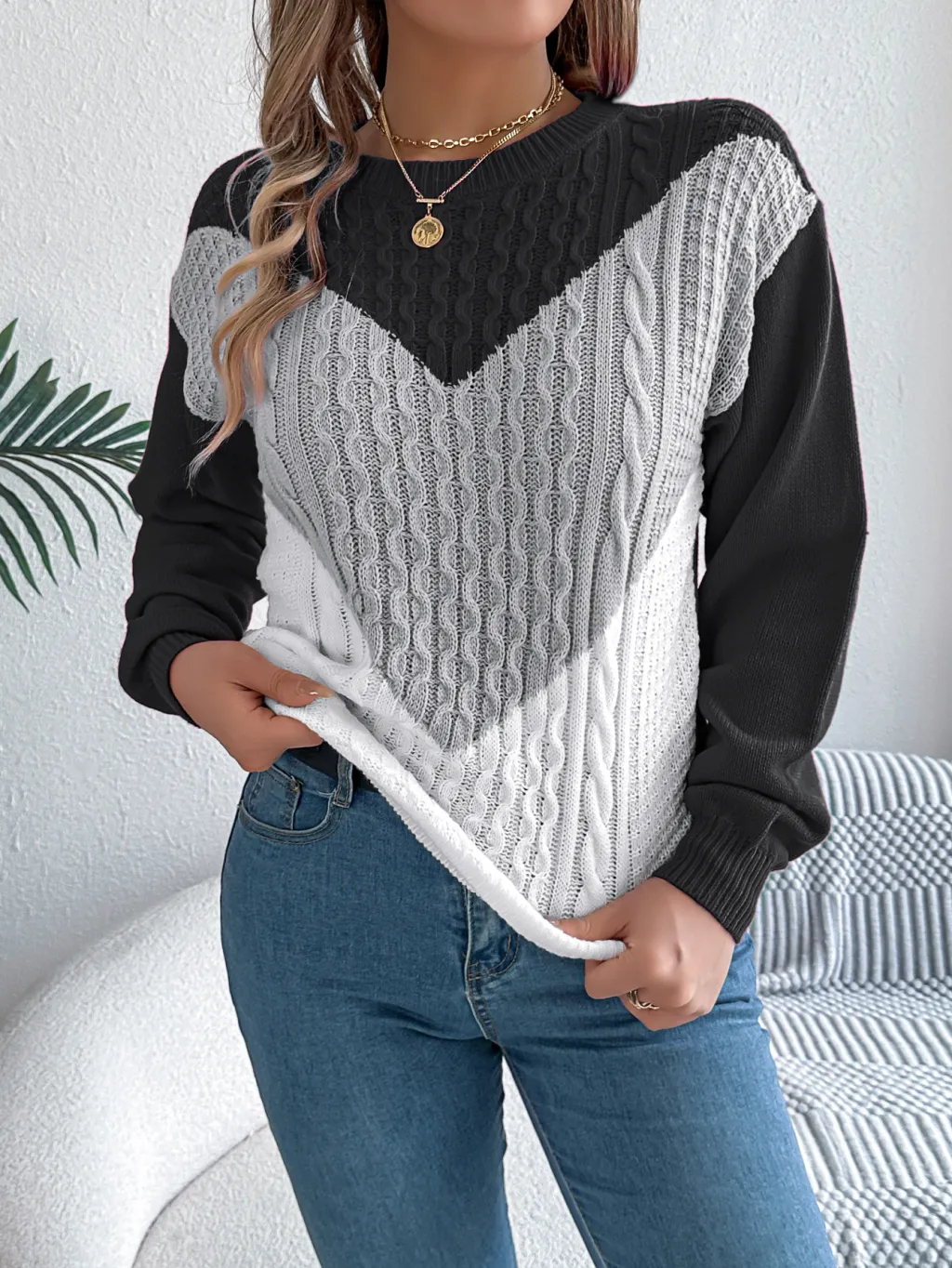 Color Matching Twist Lantern Sleeve Pullover Sweaters Women's Clothing - Gray