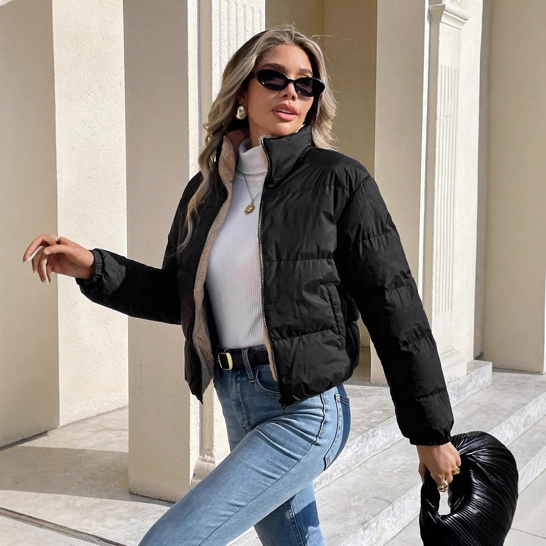Women's Casual Zippered Reversible Hooded Warm Cotton-padded Coat