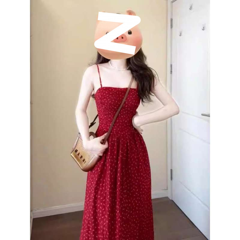 Retro Red Small Floral Sling Dress Women's