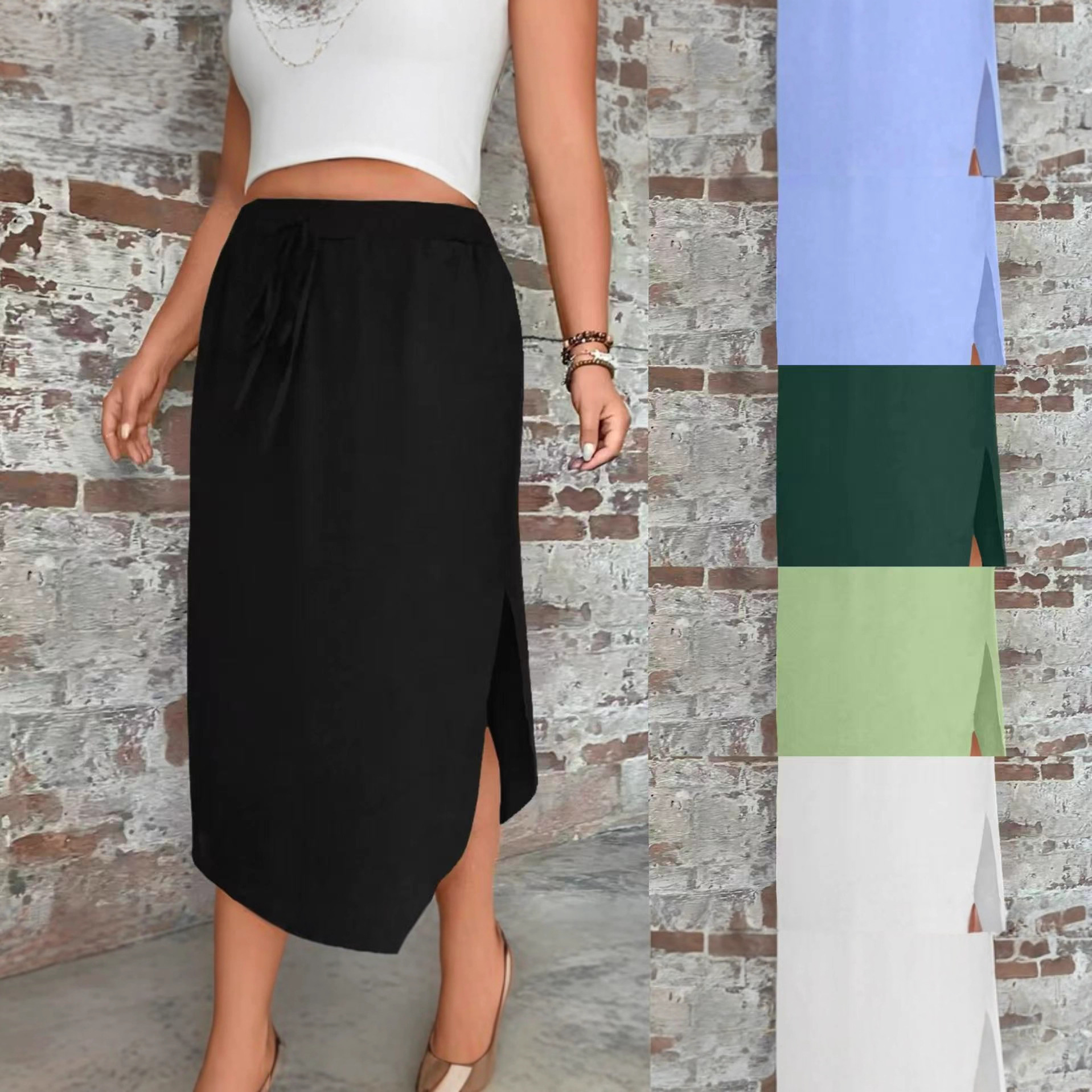 Plus-size Womens Solid-color Slim-fit Tie-front Split Skirt