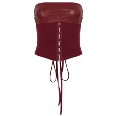 Lace-up Tube Top Top Leather Hollow Out Wrist Hanging Package Hip Skirt Suit - Wine Red Tube Top - View 1