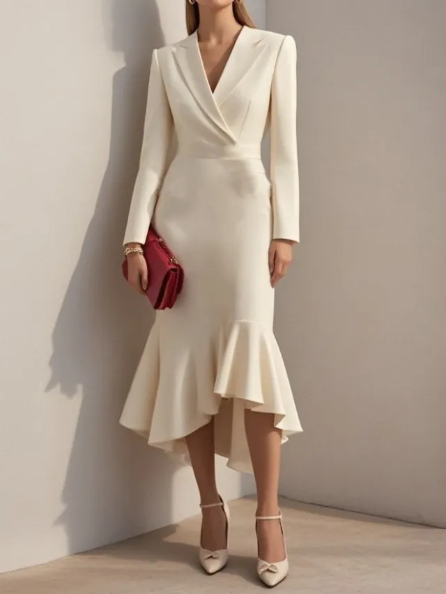 Solid Color Fashion Suit Collar Stitching Elegant Slim Fishtail Dress For Women Apricot - Shop at LoveMi